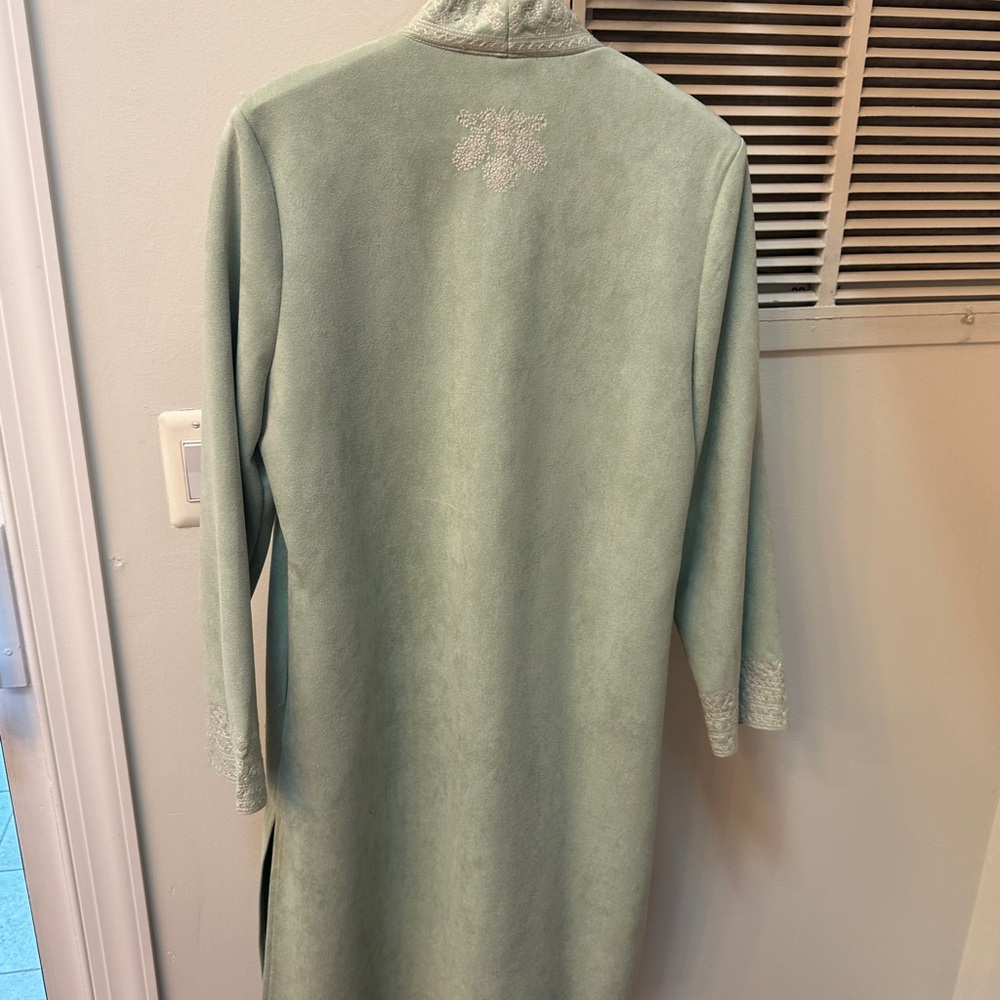 New Solitaire Light Green Embroidered Boho Faux Suede Long Coat - Picture 7 of 9